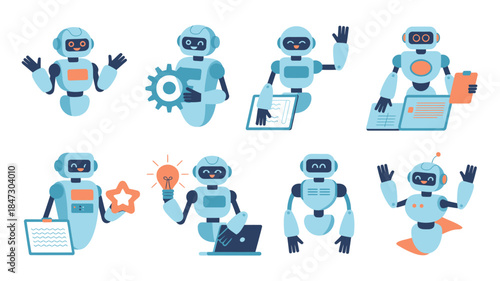 A comprehensive collection of eight friendly light blue robots demonstrating various functions and gestures