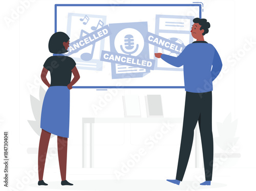 Man and woman standing in front of a presentation screen displaying cancelled event graphics in a modern office environment