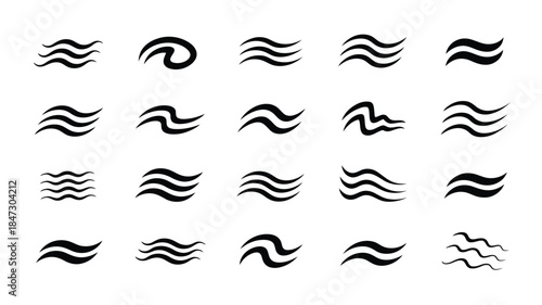 A comprehensive collection of various black wave symbols and ripple icons for water or sound representation