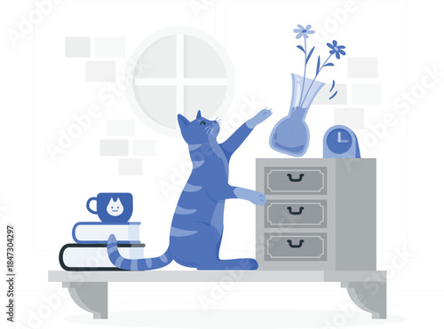 A curious cat interacts with a vase of flowers on a dresser in a home environment