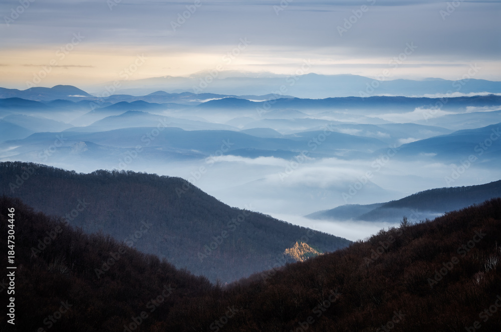 Fototapeta premium Foggy sunrise over the Carpathian mountains, 