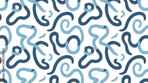 A continuous wavy line pattern showcasing interconnected blue curves and looping shapes on a pristine white surface
