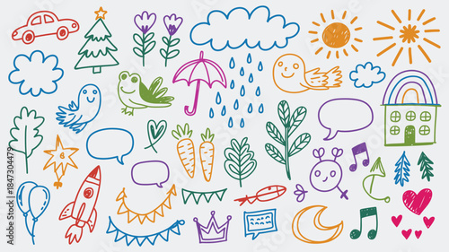 A delightful assortment of colorful childlike doodles featuring animals objects and nature elements
