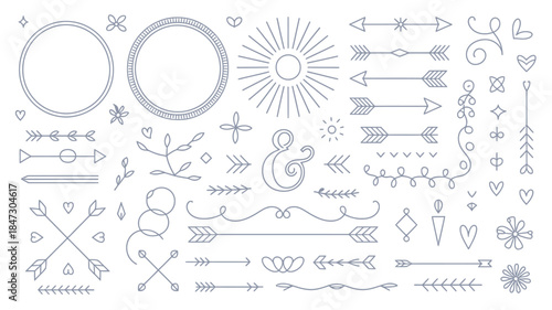 A delightful set of light blue hand drawn doodle elements including frames and various dividers