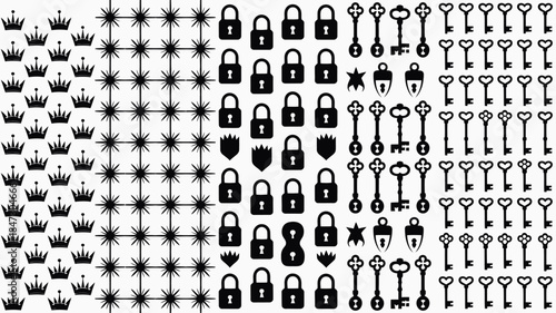 A detailed collection of black silhouette icons showcasing crowns, geometric starbursts, padlocks, and decorative keys