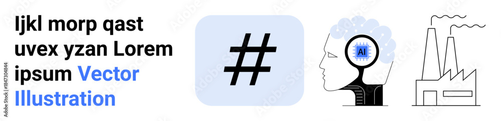 Obraz premium metadata tag symbol, human brain with AI symbol, factory with chimneys. Ideal for tech, innovation, AI, industry, automation, social media and simple landing page
