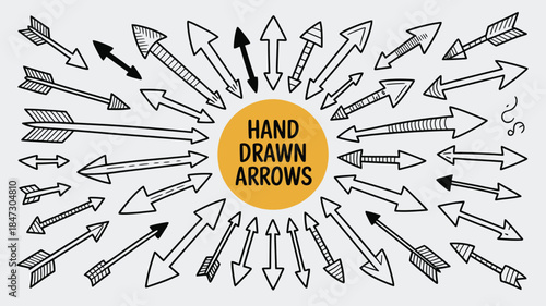 A diverse assortment of hand sketched directional arrows arranged symmetrically around a centered orange information label