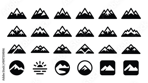 A diverse collection of black mountain icons representing peaks, valleys, and outdoor landscapes