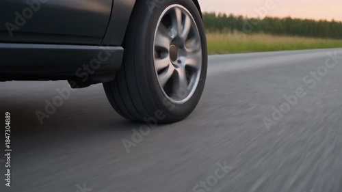 closeup of car wheel rolling over road in smooth rotation