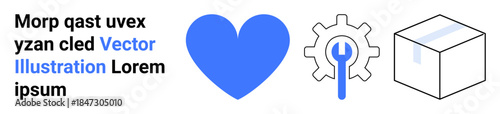 Business services, package shipping, logistics, technical repair, support, and care. Blue heart, gear with wrench and box. Packaging and technical repair concepts in visual form