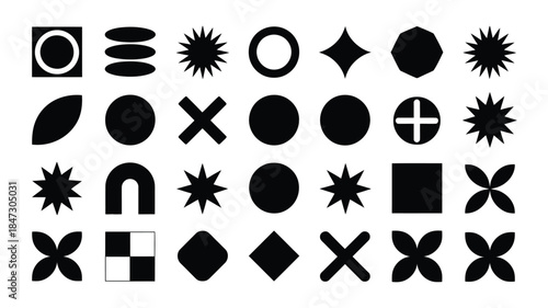 A diverse grid of black geometric and abstract organic shapes on a clean white backdrop