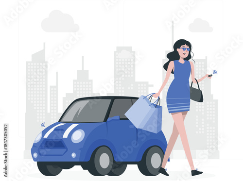 Woman carrying shopping bags and walking beside a blue car in an urban cityscape environment