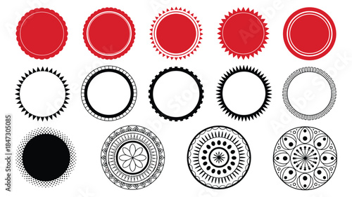 A diverse selection of circular frames and ornamental borders in red and black hues on a clean white surface