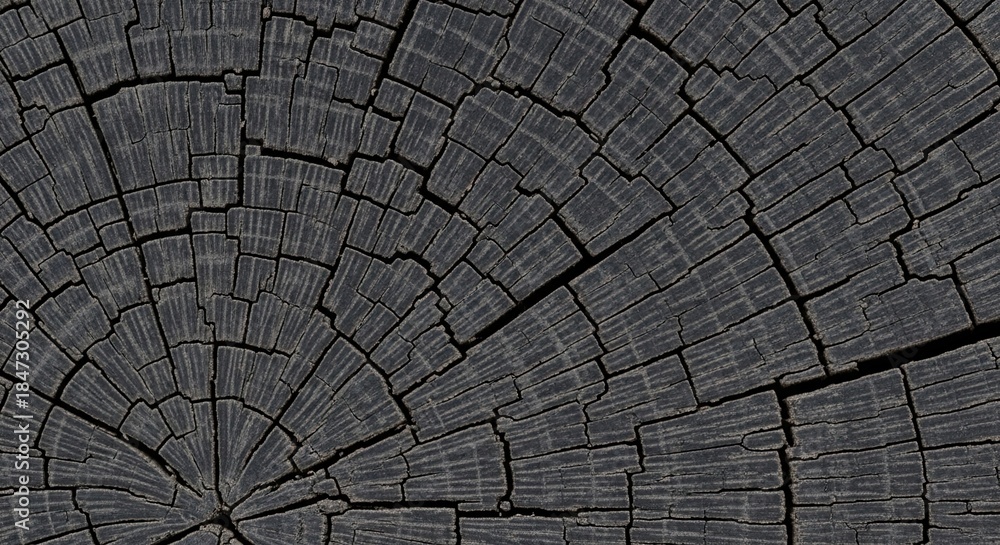 Fototapeta premium Detailed close-up of a dark and aged tree trunk showcasing intricate growth rings and fracture