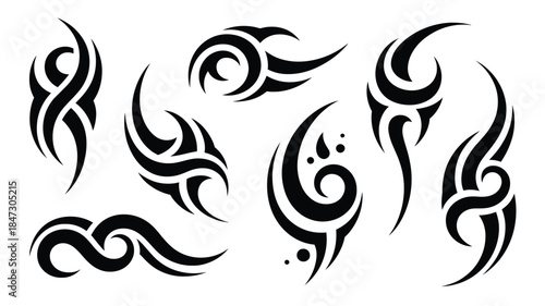 A dynamic collection of seven diverse black tribal stylized patterns suitable for body adornment