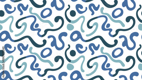 A fluid seamless pattern featuring various shades of blue organic wavy lines and circular shapes on white