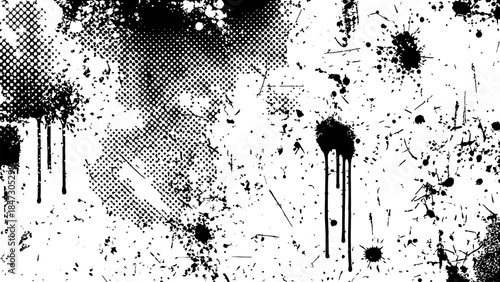 Abstract black grunge splash texture on a transparent background, featuring a dirty, distressed pop art pattern with halftone dots and a graffiti splatter template.
