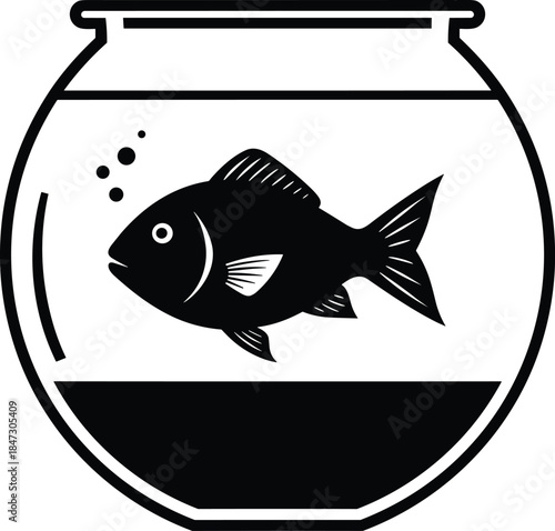 Fish bowl silhouette vector illustration, aquarium pet concept, goldfish in glass bowl, black and white icon, aquatic animal, isolated background