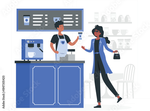 Woman receiving coffee from barista in a modern coffee shop environment