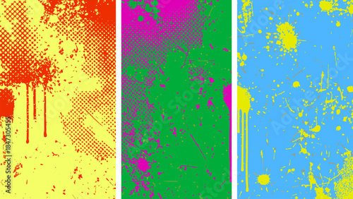Set of abstract grunge splash textures with halftone dots, distressed patterns, and graffiti splatters for creative urban designs.