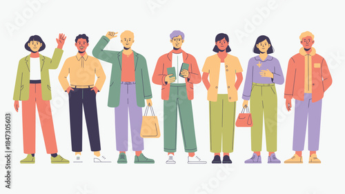 A group of eight diverse individuals, men and women, standing together in various casual outfits