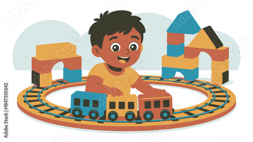 A happy young boy plays with a colorful toy train and building blocks