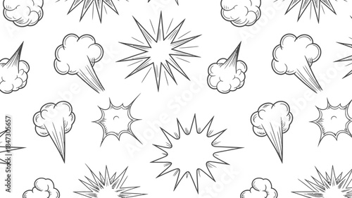 A hand drawn seamless pattern featuring comic style explosion bursts and smoke puffs on white