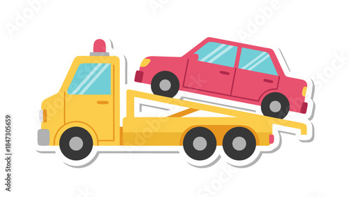 Flatbed Tow Truck Hauling a Pink Car - Flat Design Illustration