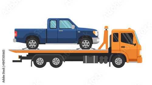 Flatbed Tow Truck Hauling Blue Pickup Truck