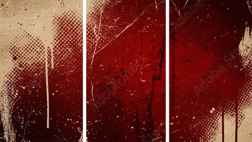 Three-panel abstract red grunge vector background with halftone dots, distressed textures, and paint splatters for artistic and vintage designs template.