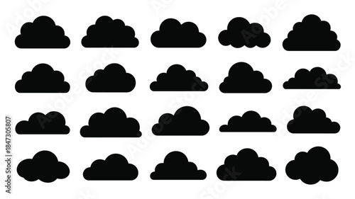 A large collection of different simple black cloud silhouettes on a plain white background