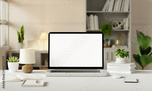 Wallpaper Mural Home office setup designed for productivity with a laptop and modern decor. 3D render illustration Torontodigital.ca