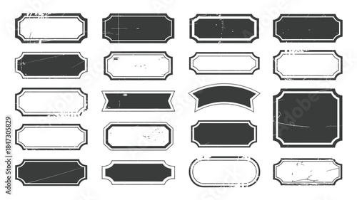 A large collection of grunge style black and white rectangular labels and banner shapes