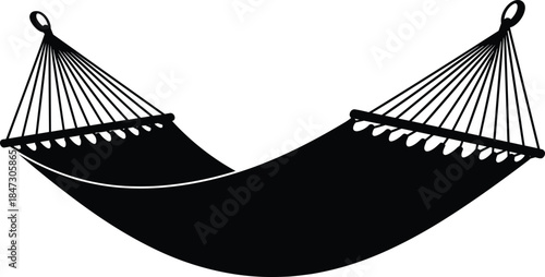 Hammock silhouette vector illustration, outdoor relaxation furniture, camping leisure symbol, black and white icon, summer vacation concept, isolated background
