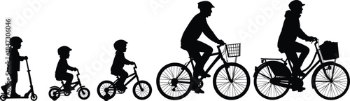 Family cycling evolution silhouette vector illustration, children to adults riding bicycles, growth stages concept, active lifestyle, isolated white background design