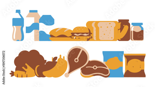 A monochrome collection of various grocery items including fresh produce, meat, dairy, packaged foods, and baked goods