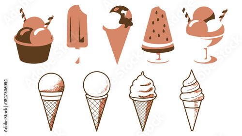 A monochrome collection of various ice cream shapes and frozen dessert icons in brown tones
