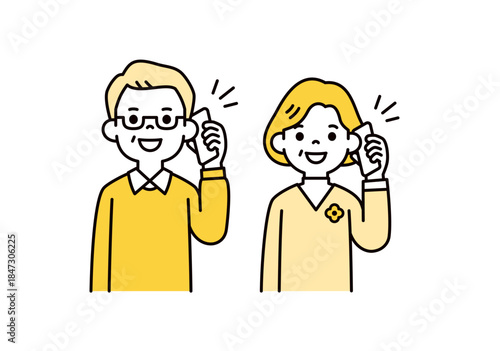 スマートフォンで話す・通話する、おじいさん・おばあさんの上半身ベクターイラスト素材セット