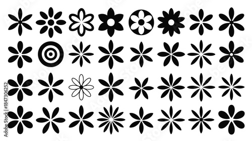 A repetitive pattern of various black silhouette flower icons arranged neatly on a white background
