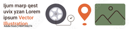 Automotive services, navigation, travel planning, tire care, geolocation, maintenance tools. A tire and pressure gauge, location pin and image icon. Automotive services and navigation