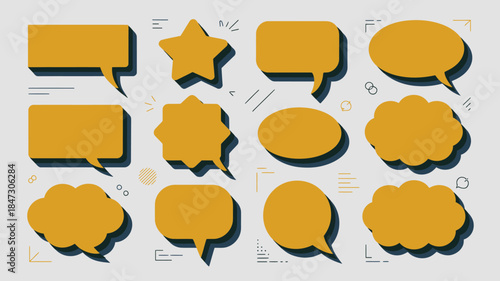 A retro styled collection of mustard colored speech bubbles with prominent shadows