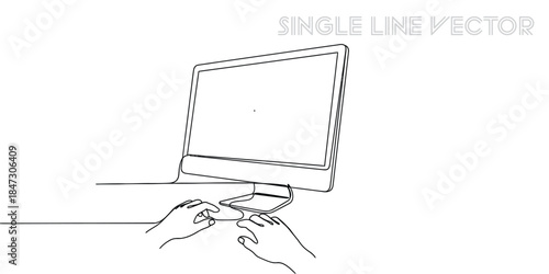 Person working on computer. Hands typing on keyboard in continuous line art. Remote work concept. Vector illustration