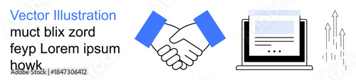 Collaboration, business deals, teamwork, online communication, digital services, partnerships. Handshake and document displayed on a laptop screen with graphic arrows. Collaboration and business