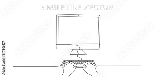 Hands typing on computer keyboard in continuous line art. Desktop monitor. Working, coding, online communication concept. Vector illustration