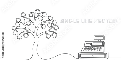 Money tree and cash register in continuous line art. Symbolizing financial growth, investment, profit. Minimalist design. Vector illustration