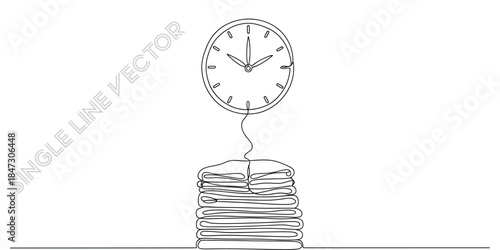 Clock and laundry stack in continuous line art. Time management concept. Household chores. Minimalist outline style. Vector illustration