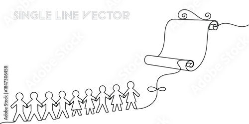 People holding hands connected to a scroll in continuous line art. Community unity and agreement concept. Minimalist outline drawing. Vector illustration
