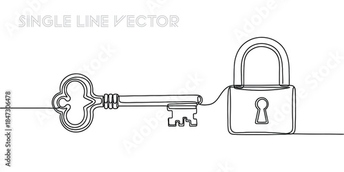 Key and padlock in continuous line art. Connected by a single stroke. Security, solution, and access concept. Vector illustration
