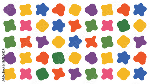 A vibrant grid of numerous colorful liquid like irregular organic blob shapes on a clean white background