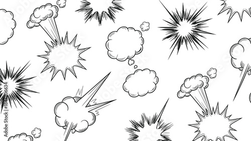 A vibrant black and white seamless pattern displaying various comic style explosions and speech bubbles